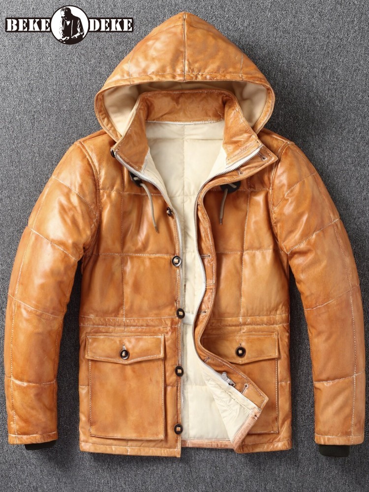 Leather Work Jacket With Hood - 겨울 남성용 양가죽 천연 가죽 다운