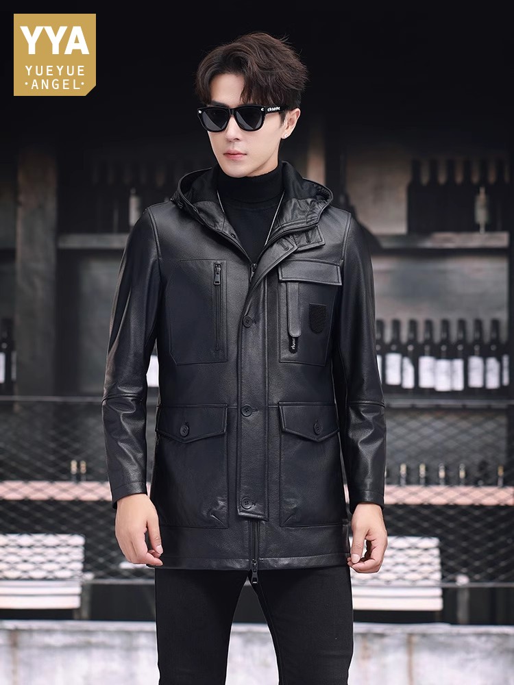 Leather Work Jacket With Hood - 겨울 비즈니스 남성용 중간 길이 다운