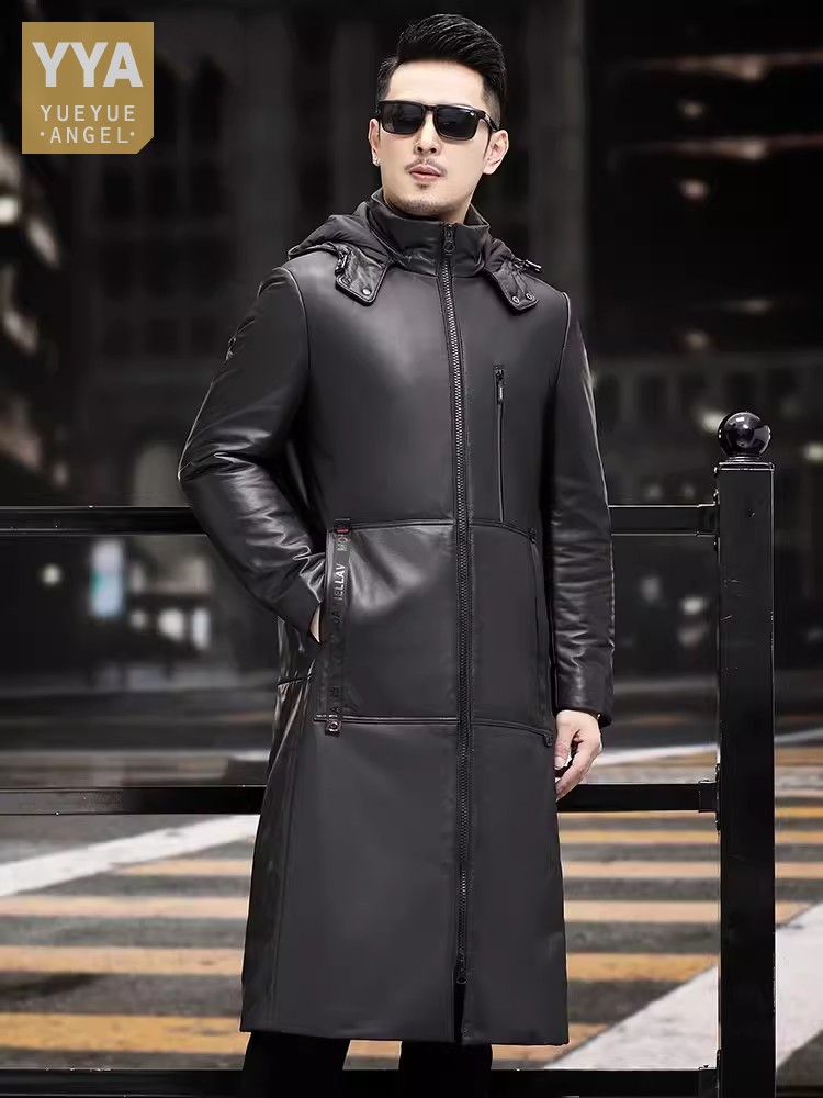 Leather Work Jacket With Hood - 겨울 두꺼운 따뜻한 롱 구스 다운