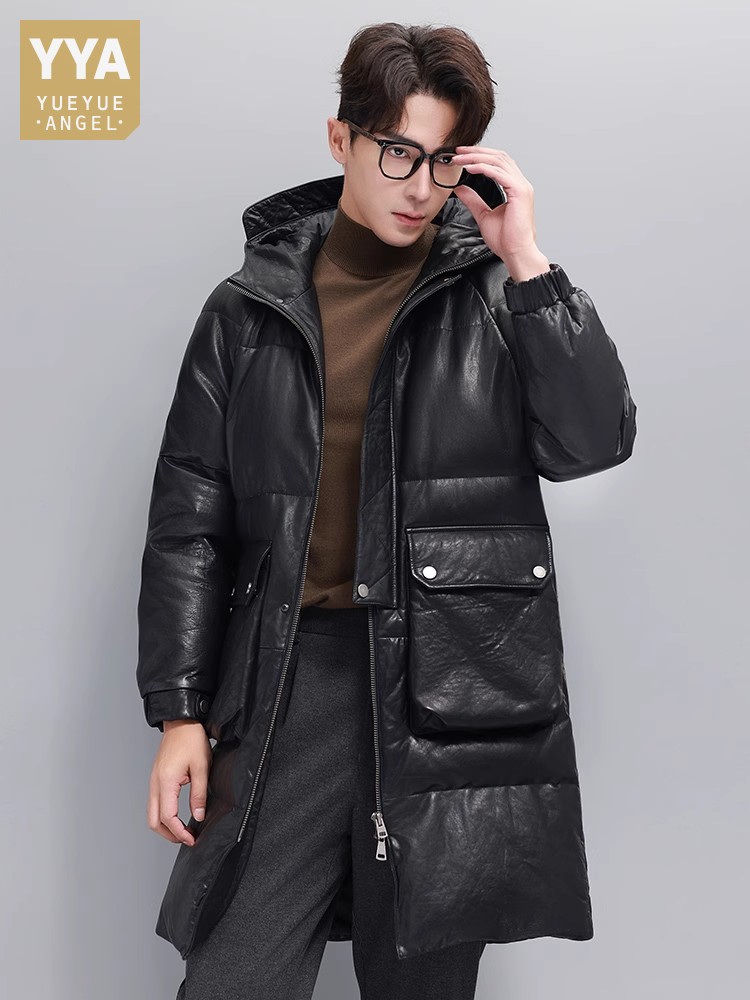 Leather Work Jacket With Hood - 겨울 남성 따뜻한 거위 다운 재킷
