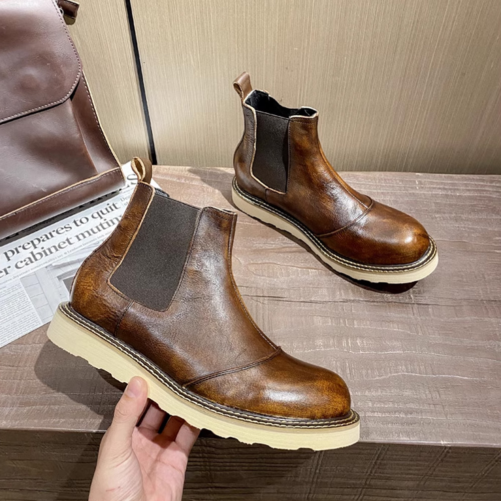 Leather Work Western - 레트로 남성용 천연 가죽 첼시 부츠