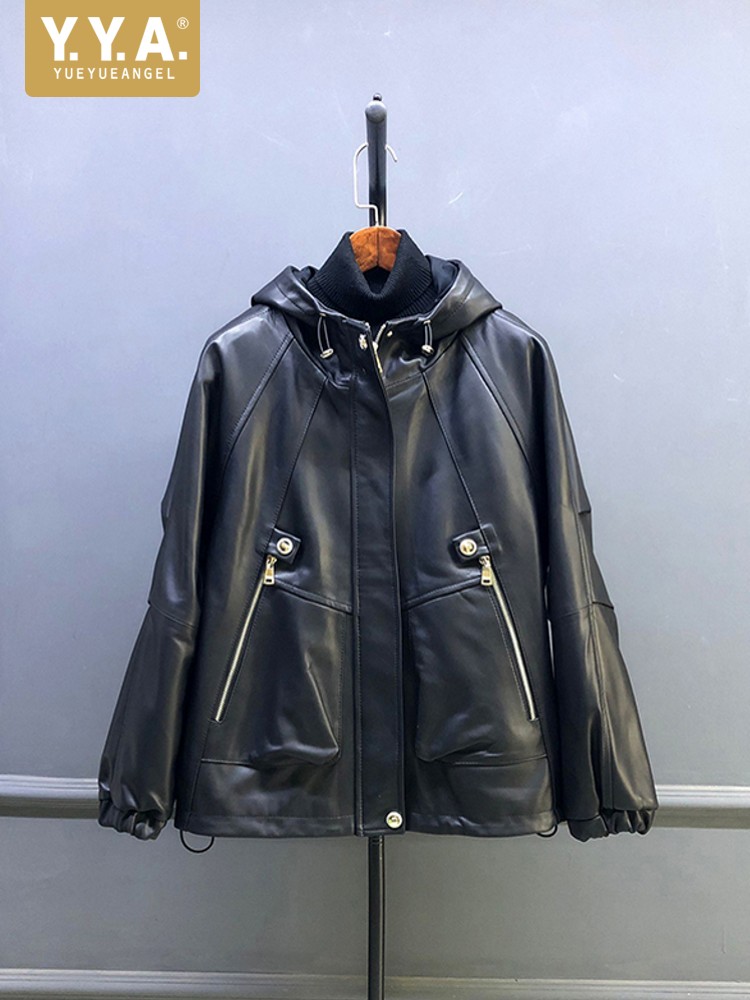 Leather Work Jacket With Hood - 뜨거운 판매 가을 여성 천연 양가죽