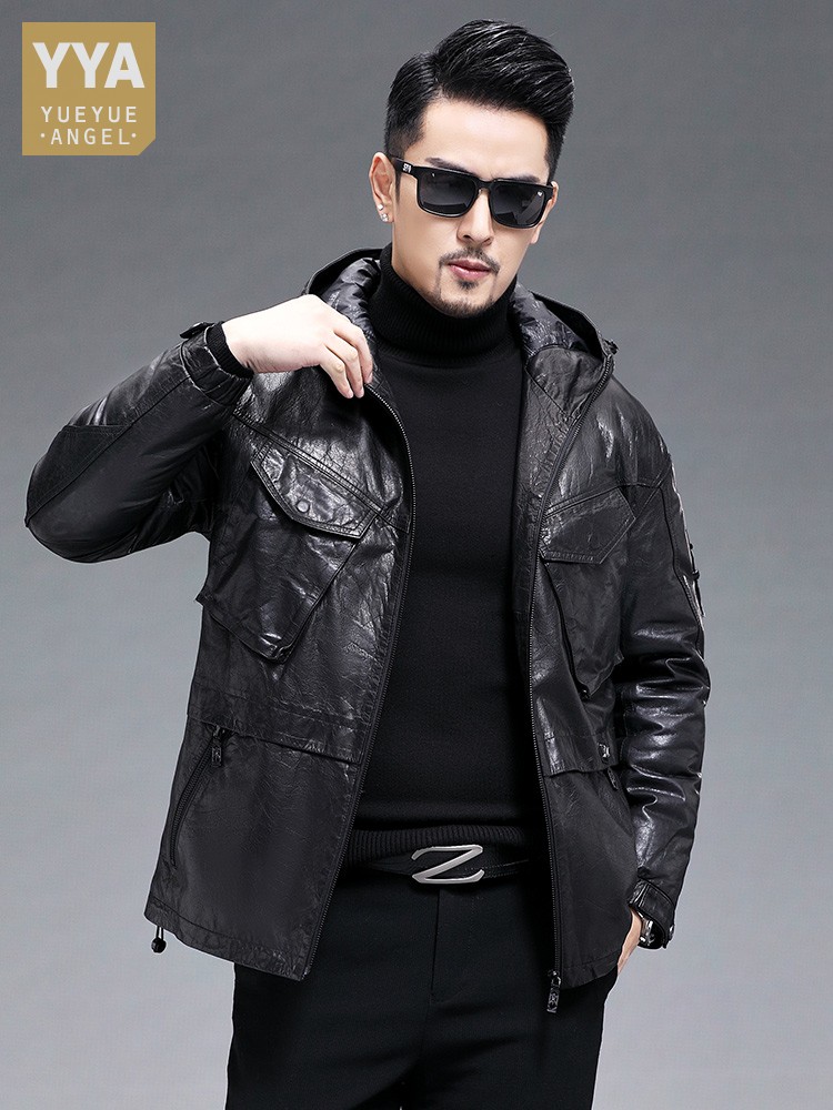 Leather Work Jacket With Hood - 겨울 남성 따뜻한 진짜 염소 가죽