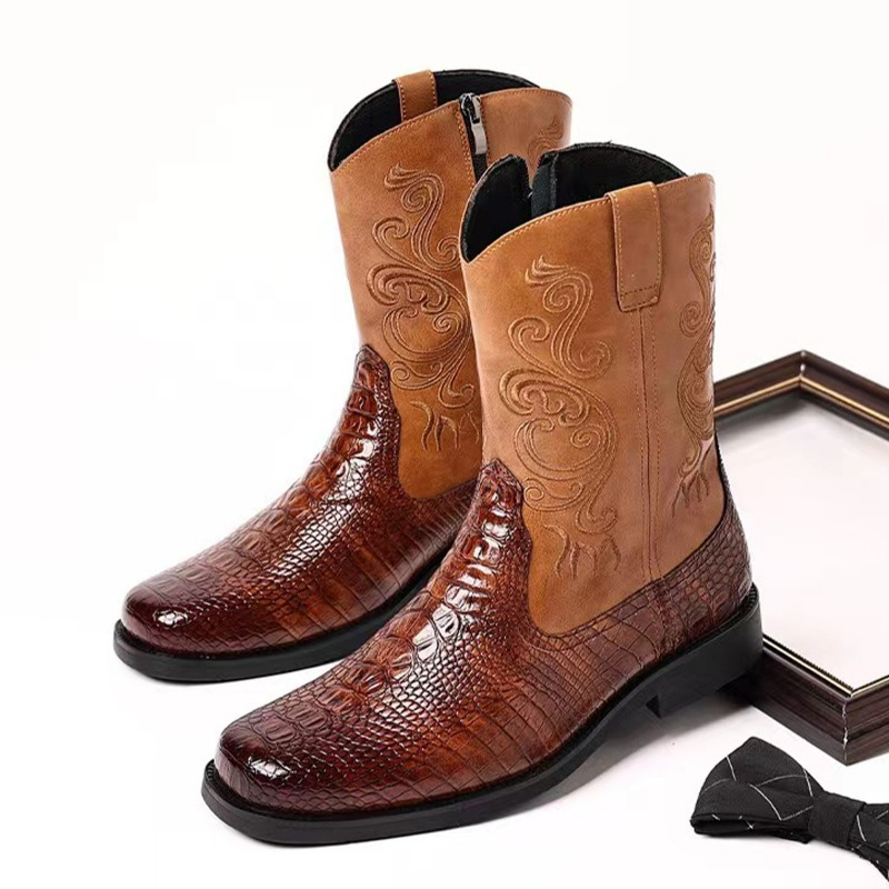Leather Work Western - 자수 남성 부츠 레트로 카우보이 부츠