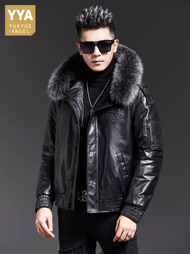 Leather Work Jacket With Hood - 패션 남성용 겨울 폭스 퍼 칼라