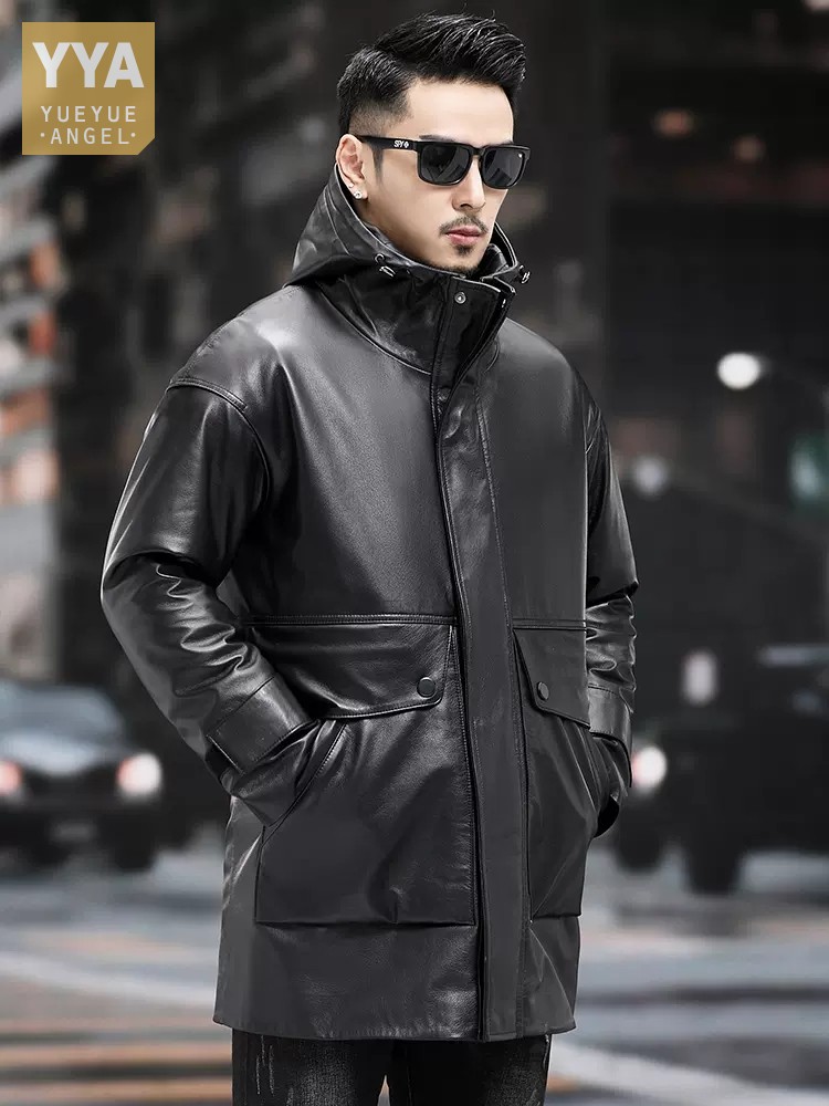 Leather Work Jacket With Hood - 따뜻한 겨울 남성 작업 다운 재킷,