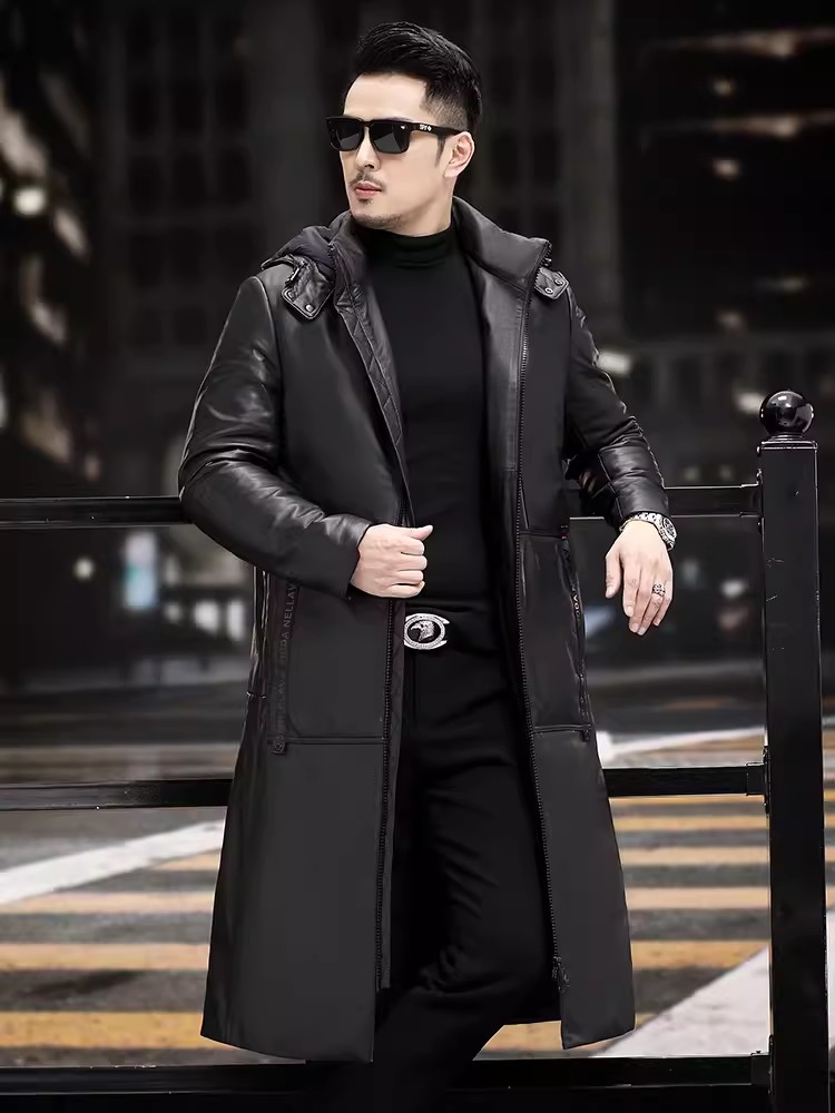 겨울 두꺼운 따뜻한 롱 구스 다운 코트 비즈니스 캐주얼 - Leather Work Jacket With Hood 리뷰 및 가격