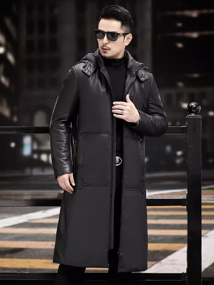 겨울 두꺼운 따뜻한 롱 구스 다운 코트 비즈니스 캐주얼 - Leather Work Jacket With Hood 리뷰 및 가격