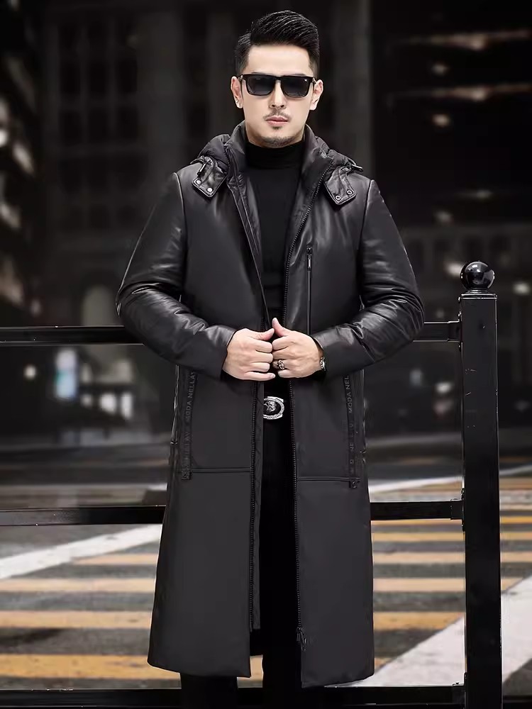 겨울 두꺼운 따뜻한 롱 구스 다운 코트 비즈니스 캐주얼 - Leather Work Jacket With Hood 리뷰 및 가격