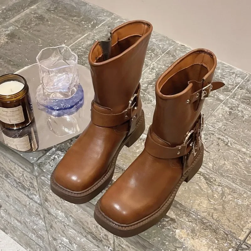 여성용 발목 부츠 가을 작업 패션 우아한 펑크 블랙 럭 - Leather Work Western 리뷰 및 가격