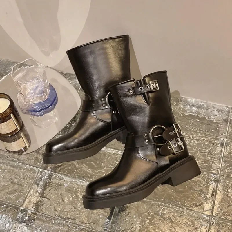 여성용 발목 부츠 가을 작업 패션 우아한 펑크 블랙 럭 - Leather Work Western 리뷰 및 가격