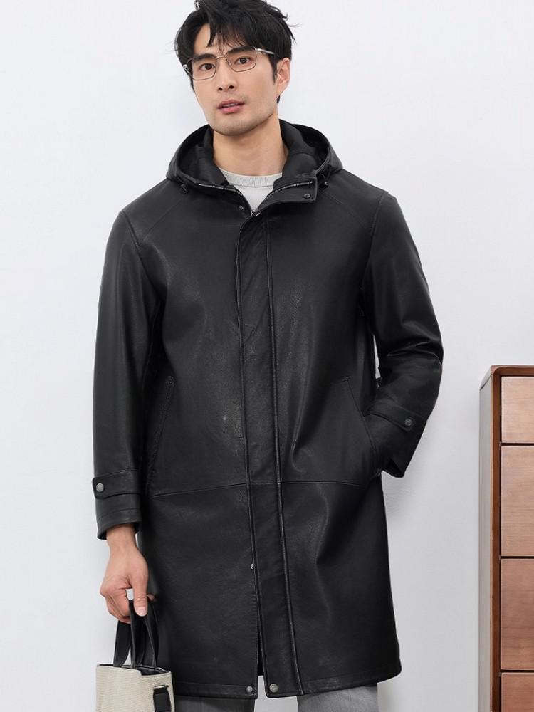 패션 남성용 가을 신상 후드 소가죽 진짜 가죽 롱 재킷 - Leather Work Jacket With Hood 리뷰 및 가격