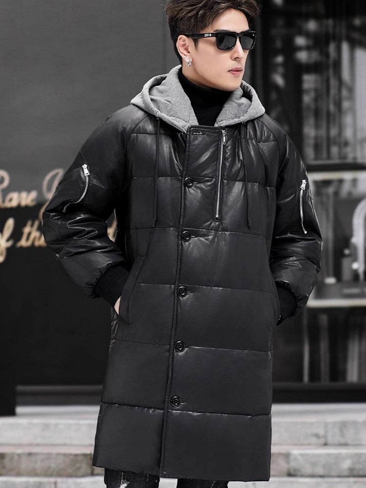 겨울 신상 남성 후드 롱 정품 가죽 다운 재킷 루즈핏  - Leather Work Jacket With Hood 리뷰 및 가격