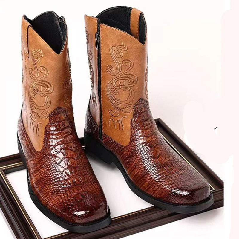 자수 남성 부츠 레트로 카우보이 부츠 새로운 PU 가죽 - Leather Work Western 리뷰 및 가격