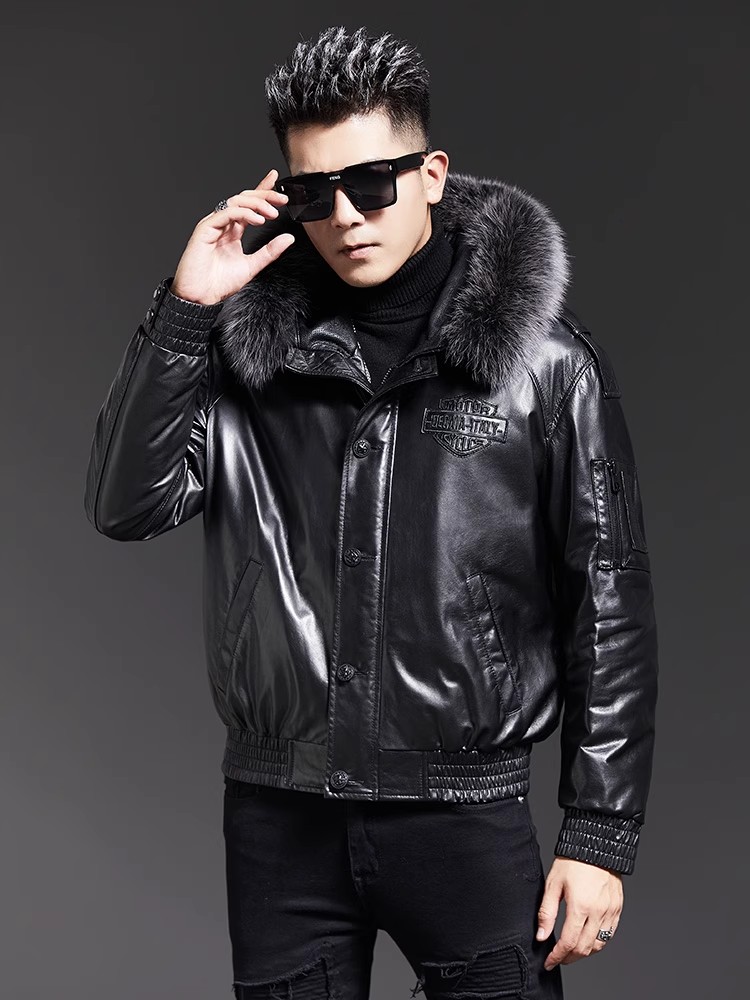 패션 남성용 겨울 폭스 퍼 칼라 후드 양가죽 진짜 가죽 - Leather Work Jacket With Hood 리뷰 및 가격