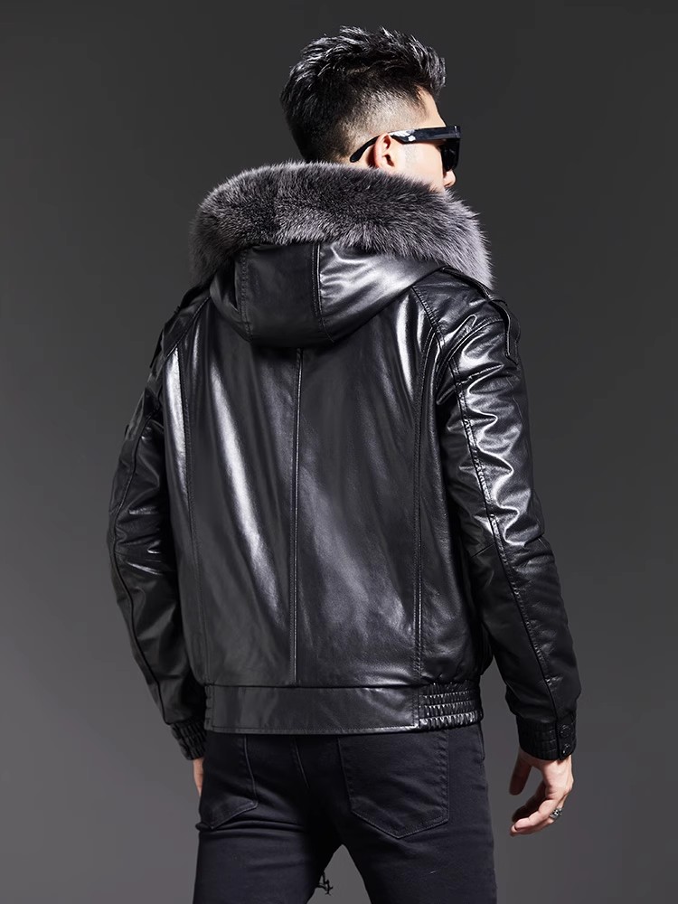 패션 남성용 겨울 폭스 퍼 칼라 후드 양가죽 진짜 가죽 - Leather Work Jacket With Hood 리뷰 및 가격