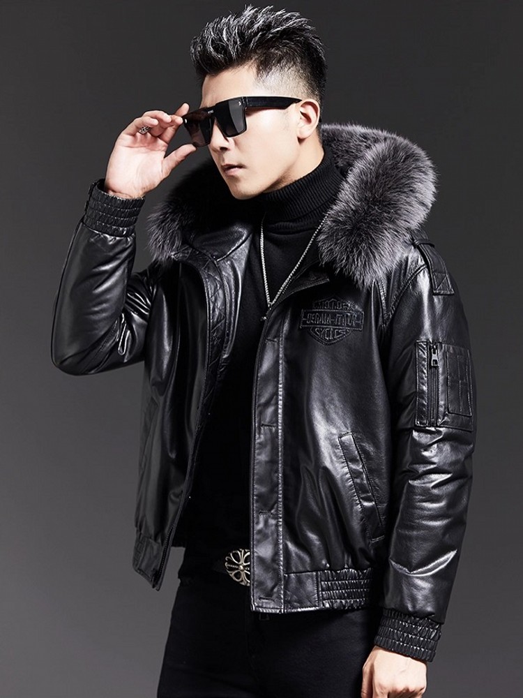패션 남성용 겨울 폭스 퍼 칼라 후드 양가죽 진짜 가죽 - Leather Work Jacket With Hood 리뷰 및 가격
