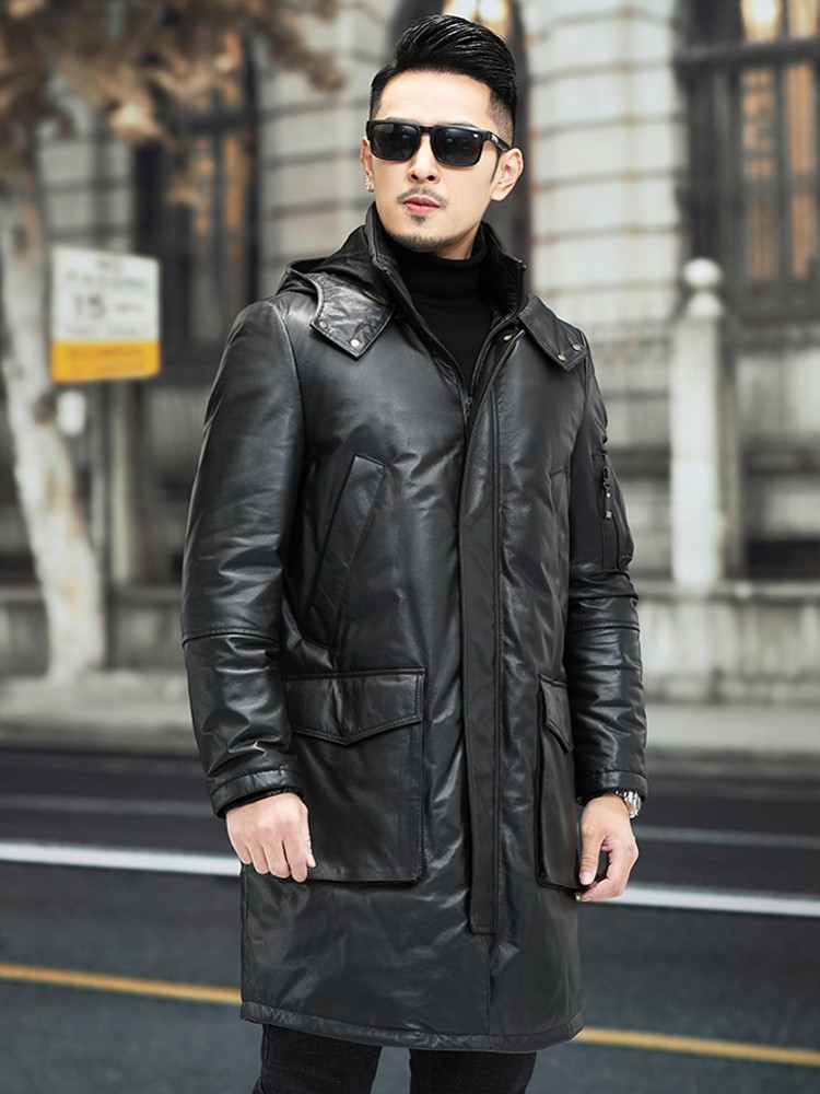 겨울 남성용 따뜻한 소가죽 진짜 가죽 다운 재킷 후드  - Leather Work Jacket With Hood 리뷰 및 가격